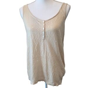 J.Crew Womens Tan White Striped Sequin Henley Tank Top Large 38935 Cotton